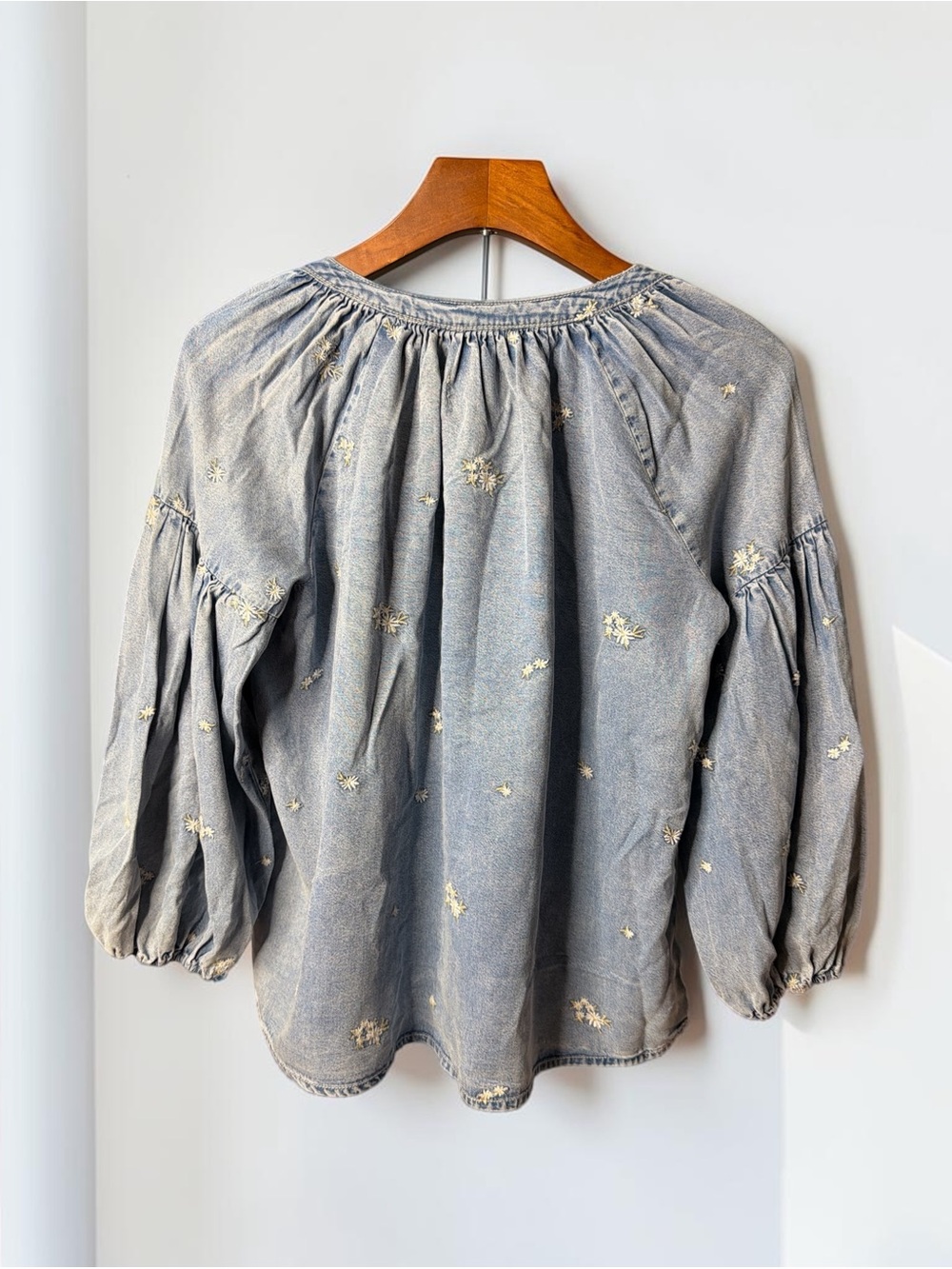 DRIFTWOOD Light Blue Washed Embroidered Peasant Top - Picture 2 of 5